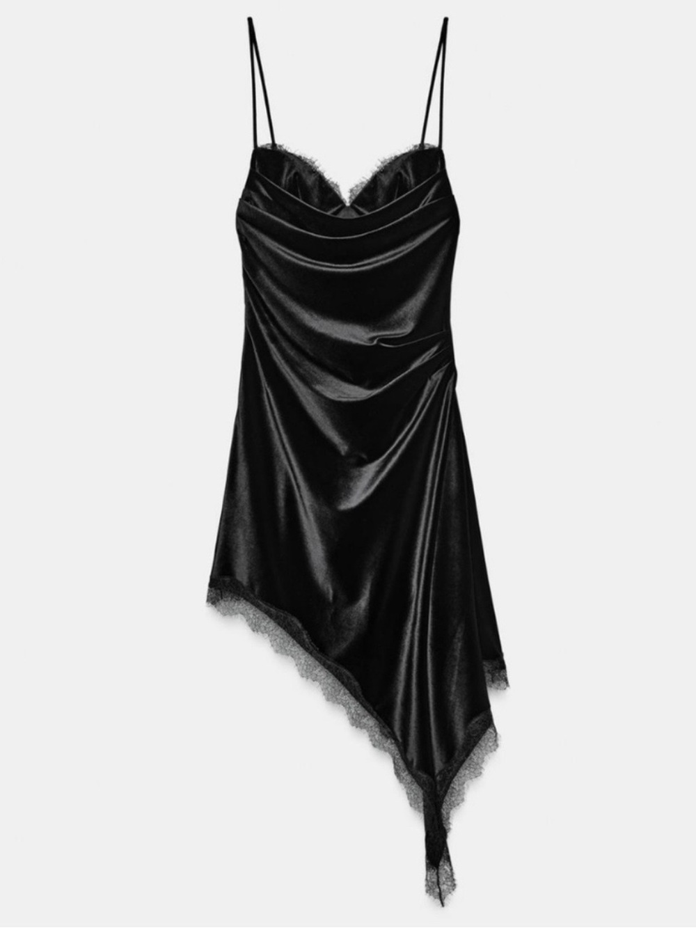 New with tags! Zara Black Velvet Asymmetric Slip Dress with Lace Trim